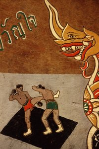 Dísz egy ökörkocsin, Muay Thait ábrázolva (festés fára)