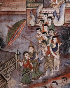 Részlet a Wat Phra Singh falfestményéről alkotó: Thai School