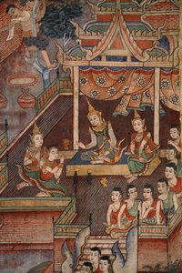 Részlet egy falfestményről a Viharnban, a Wat Phra Singhben alkotó: Thai School