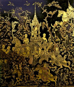 Részlet a képernyőről, amely az In legenda egy epizódját mutatja (arany és lakk) alkotó: Thai School