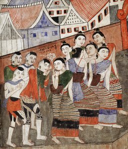 Dohányzó szerelmesek, részlet a Wat Phumin falfestményéről (falfestmény) alkotó: Thai School