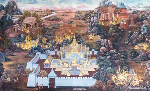 Falfestmény a Ramayana jeleneteit ábrázoló Wat Phra Kaeo-ban, a Királyi Nagy Palota, Bangkok, Thaiföld alkotó: Thai School