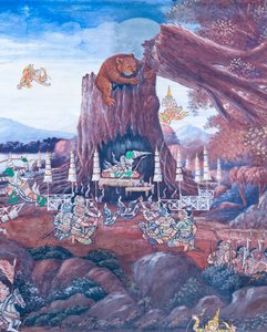 Falfestmény a Ramayana jeleneteit ábrázoló Wat Phra Kaeo-ban, a Királyi Nagy Palota, Bangkok, Thaiföld alkotó: Thai School