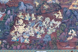 Falfestmény a Ramayana jeleneteit ábrázoló Wat Phra Kaeo-ban, a Királyi Nagy Palota, Bangkok, Thaiföld alkotó: Thai School