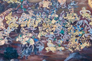 Falfestmény a Ramayana jeleneteit ábrázoló Wat Phra Kaeo-ban, a Királyi Nagy Palota, Bangkok, Thaiföld alkotó: Thai School