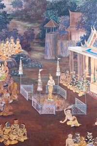 Falfestmény a Ramayana jeleneteit ábrázoló Wat Phra Kaeo-ban, a Királyi Nagy Palota, Bangkok, Thaiföld alkotó: Thai School