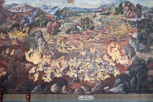 Falfestmények, amelyek a ramakian jeleneteit ábrázolják a Wat Phra Kaeo-ban, a Királyi Nagy Palotában, Bangkok, Thaiföld alkotó: Thai School