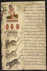 Vagy 4830 „Thai jóslási kézikönyv (Phrommachat), amely a kínai állatövön alapuló horoszkópokat tartalmaz” (tinta és színes papíron) alkotó: Thai School