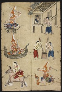 Vagy 4830 „Thai jóslási kézikönyv (Phrommachat), amely a kínai állatövön alapuló horoszkópokat tartalmaz” (tinta és színes papíron) alkotó: Thai School