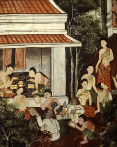 Palotai hölgyek ékszereket és tükröt vásárolnak muszlim kereskedőktől, Rattanakosin stílusban (falfestés) alkotó: Thai School