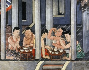 Kantoke nevű, alacsony, kerek asztaloknál evő emberek, 19. század közepe (falfestmény) alkotó: Thai School