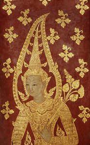 Rattanakosin stílusú ajtólap istenség képével, 1860 körül (festett fa) alkotó: Thai School