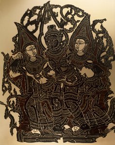 Jelenet a Nang Yai árnybábszínházból, Dasakantha és feleségei, faragott bőrpanel, Thaiföld, thai civilizáció alkotó: Thai School