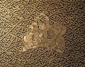 THAI ART: A "Ramayana" egy epizódja Kra Nak díszítéssel. Könyvespolc, Bangkok St... alkotó: Thai School