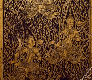 Szutra szekrény, faragott és lakkozott fa, Bangkokból, Thaiföldről, Detail, Thai Civilization, 19. század eleje alkotó: Thai School