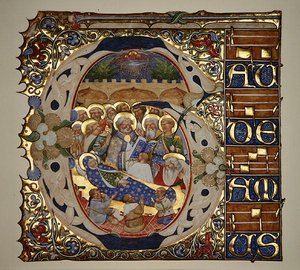 Marlay Cutting IT.18 Szűz elszenderedése, a velencei muranói Santa Mattia graduáljából, 1450 körül (aranylevél és tempera pergamenen) alkotó: The Master of the Murano Gradual