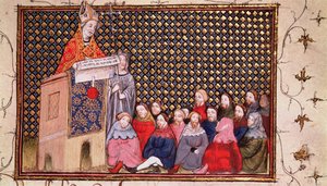 Harl 1319 f.12 Arundel érsek prédikál Henrik ügyében, a "Histoire du Roy d
