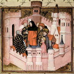Harl 1319 f.37v II. Richard átveszi Northumberland grófját Conway-ben, a "Histoire du Roy d