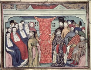 Harl 1319 f.57 A westminsteri parlament leváltja II. Richardot, és kikiáltja Lancaster hercegét IV. Henrik királlyá