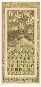 Április naptári lap békával Kalendárium 1911 12 litográfia Th. v. Hoytema (sorozat címe) Út a virágok alatt alkotó: Theo van Hoytema