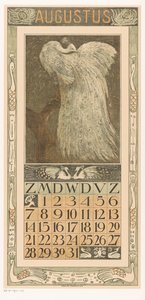 Augusztusi naptároldal fehér pávával Kalendárium 1910 12 litográfia Th. v. Hoytema (sorozat címe) alkotó: Theo van Hoytema