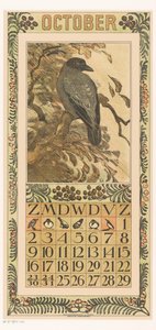 Októberi naptár oldal színes varjúval Kalendárium 1910 12 litográfia Th. v. Hoytema (sorozat címe)