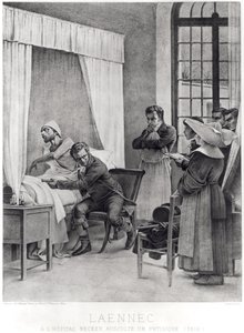 Rene Theophile Hyacinthe Laennec (1781-1826) fogyasztással hallgatja egy férfi mellkasát, 1816