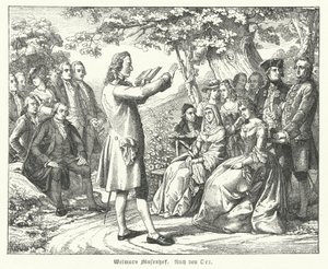 A weimari múzsák udvara: Friedrich Schiller német költő és drámaíró olvas a Tiefurti kastélyban, a hallgatók között Christoph Martin Wieland, Johann Wolfgang Goethe és Johann Gottfried Herder (metszet) alkotó: Theobald Reinhold von Oer