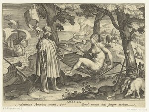Amerigo Vespucci Amerikába veti a lábát Amerika. Americen Americus reexit. Semel vocauit inde semper excitam (cím az objektumon) Új találmányok és felfedezések (sorozat címe) Nova Reperta (sorozat címe)