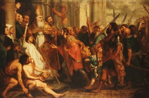 Szent Ambrus, Milánó püspöke, aki megtagadja Theodosius császár belépését a milánói dómba alkotó: Theodor Boeyermans