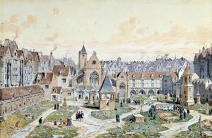 Kilátás az ártatlanok temetőjére Párizsban 1550-ben. Theodore Joseph Hubert Hoffbauer (1839-1922) akvarellje 19. századi Párizs, Musee Carnavalet