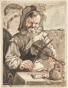 Hegedűs, félig figurázva, asztal előtt ül kottával, dobbal és pohárral alkotó: Theodor Matham