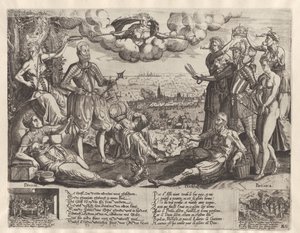 Oranje és Alva összehasonlítása, a spanyol dühvel a háttérben, 1577 körül alkotó: Theodor de Bry (attributed to)