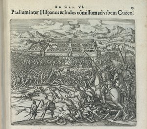 Harc a spanyolok és az indiánok között Cuzco kapujában, 1596. alkotó: Theodor de Bry