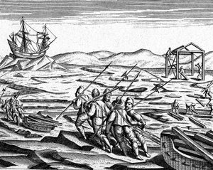 Téli ház építése az Északi-sarkon, 1600 körül (metszet) alkotó: Theodor de Bry