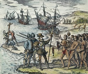 Kolumbusz partraszállás Indiában. 1594 (xilográfia)