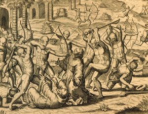 Missziós szerzetesek mártíromsága Dél-Amerikában, metszet a Historia americae-ból, Theodor de Bry (1528-1598), Frankfurt