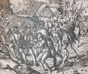 A bennszülötteket hajóra szállják, hogy rabszolgaságba viszik őket Sevillába, metszet: Theodor de Bry (1528-1598), Antillák