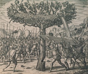 A fákon bujkáló bennszülöttek harcolnak a hódítók ellen alkotó: Theodor de Bry