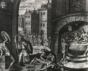 Pap megöli a hamis verekedés áldozatát, majd megnyúzta a holttestet, Mexikó, Theodor de Bry (1528-1598), közép-amerikai metszet Peregrinationesből alkotó: Theodor de Bry