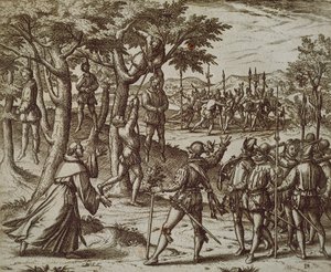 Ítélet Kolumbusz Kristóf néhány ember felakasztására az Újvilágban, Theodore de Bry