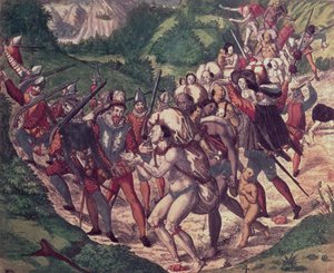 Petrus de Calyce kegyetlensége: Indián rabszolgák Peruban, akiket spanyol katonák bántalmaztak (metszet)