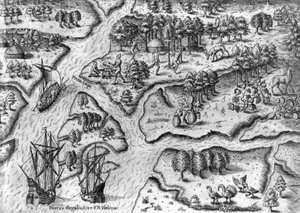 A francia expedíció a floridai Port Royalban száll le. alkotó: Theodor de Bry