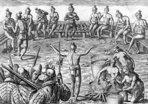 Timucua indián a francia felfedezőkkel alkotó: Theodor de Bry