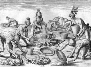 Timucuan indiánok lakomát készítenek alkotó: Theodor de Bry