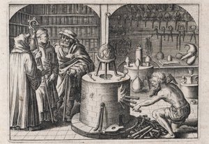 Három tudós beszélget az alkímia műhelyben, sütővel és műszerekkel – Theodore de Bry (1528-1598) metszetei Michael Maier (1569-1622) "Tripus avreus, hoc est, Tres tractatus chymici selectissimi" című alkímiai értekezéséhez