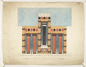 Festmény a knossosi Minos palota központi udvarában található központi háromrészes szentély újragondolásával (Evans építészeti tervek WW/15) alkotó: Theodore Fyfe