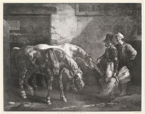 Két postai ló egy istálló ajtajánál (Two Post-Horses at a Stable Door) alkotó: Theodore Gericault