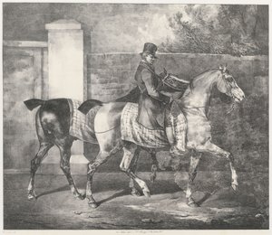 Két ló, amelyet egy zsoké sétáltat (A Groom Exercising Two Horses) alkotó: Theodore Gericault
