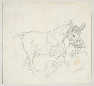 Szamár, amely a szájában tart egy kutyát (előlap); Vázlat: kutyák által üldözött szarvas, szarvastehén feje (hátlap) alkotó: Theodore Gericault